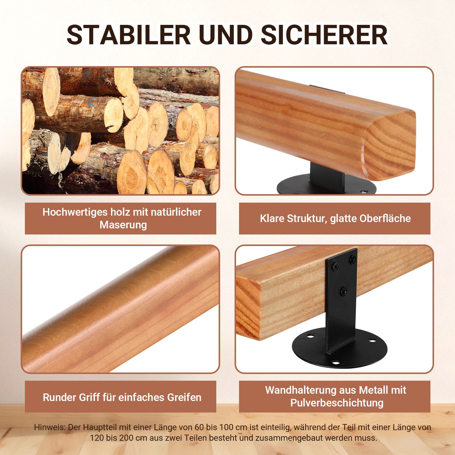 Clanmacy Handlauf Buche Handlauf 60cm Geländer Handlaufträger Hauseingang Wandhalter80, 60 cm Gesamtlänge, (Wandhandlauf Wandhalterung Innen & Außen), Wandhandl – Bild 4 von 5