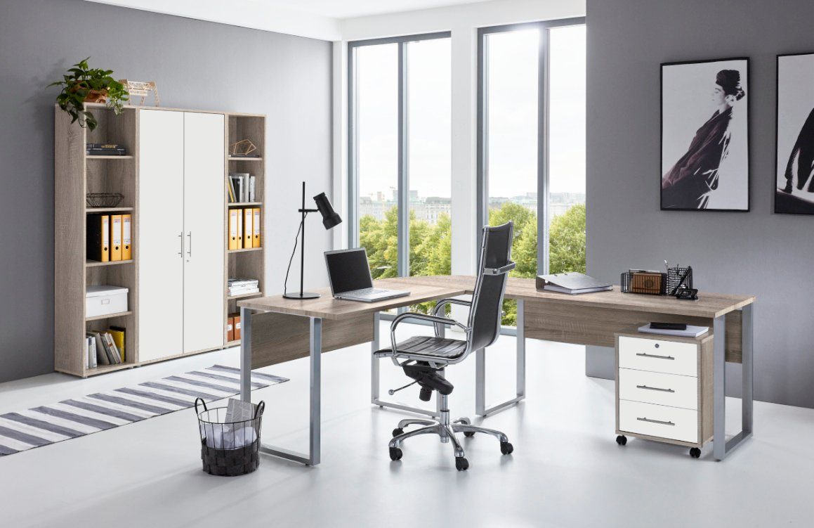 Sonoma moebel-dich-auf / abschließbar, + OFFICE (Büromöbel-Set 3 Schreibtisch + Aktenschränke EDITION matt Metallgriffe Winkelschreibtisch Eiche Rollcontainer weiß + Aktenschrank Set Aktenregale),