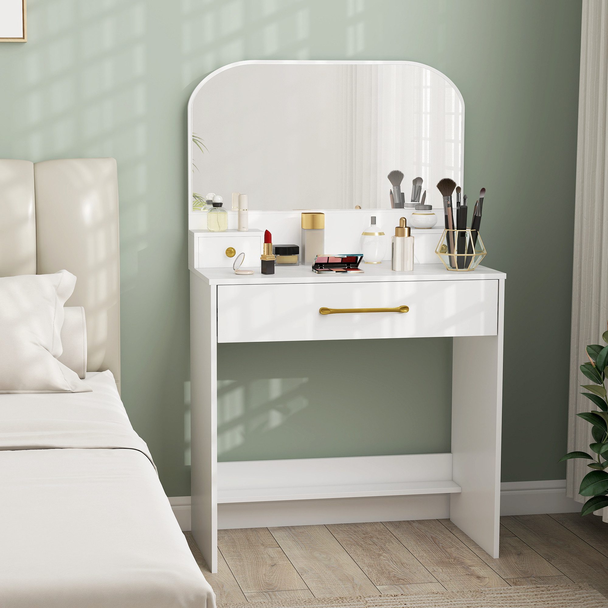 HOMCOM Schminktisch Frisiertisch, Modern Kosmetiktisch, Weiß (Set, 1-St., 1 Tisch), Mit gewölbtem Spiegel und viel Stauraum