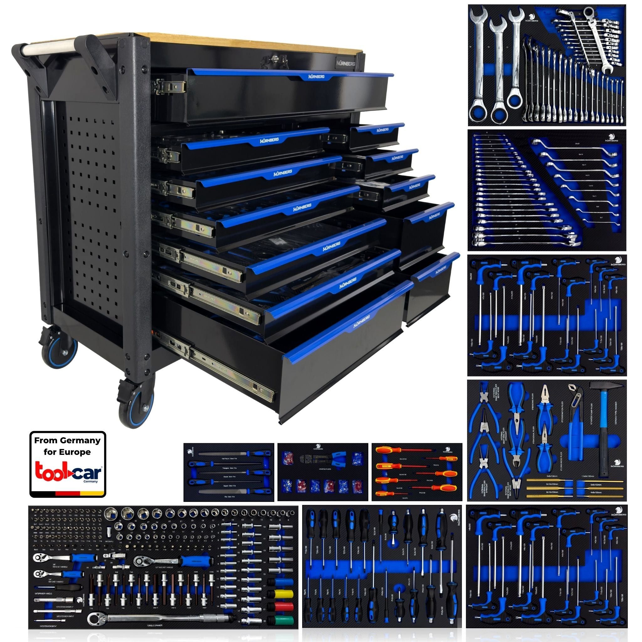 Toolcar Werkzeugwagen Werkstattwagen XXL, befüllt bestückt gefüllt mit Werkzeug, Holzplatte, abschließbar, kugelgelagerte Rollen, Chrom-Vanadium-Stahl, stabil, max. Traglast:35 kg, 457-tlg. Werkzeugset, (Umfangreich bestückt: Steck/Ratschen, Torx, Schraubendreher, Zangen, 457-tlg., Profi-Setup: Ratschen 1/4–1/2", lange Nüsse,T-Griffe, Schraubendreher), Extra-Stauraum seitlich, obere Schublade, ergonomischer Griff