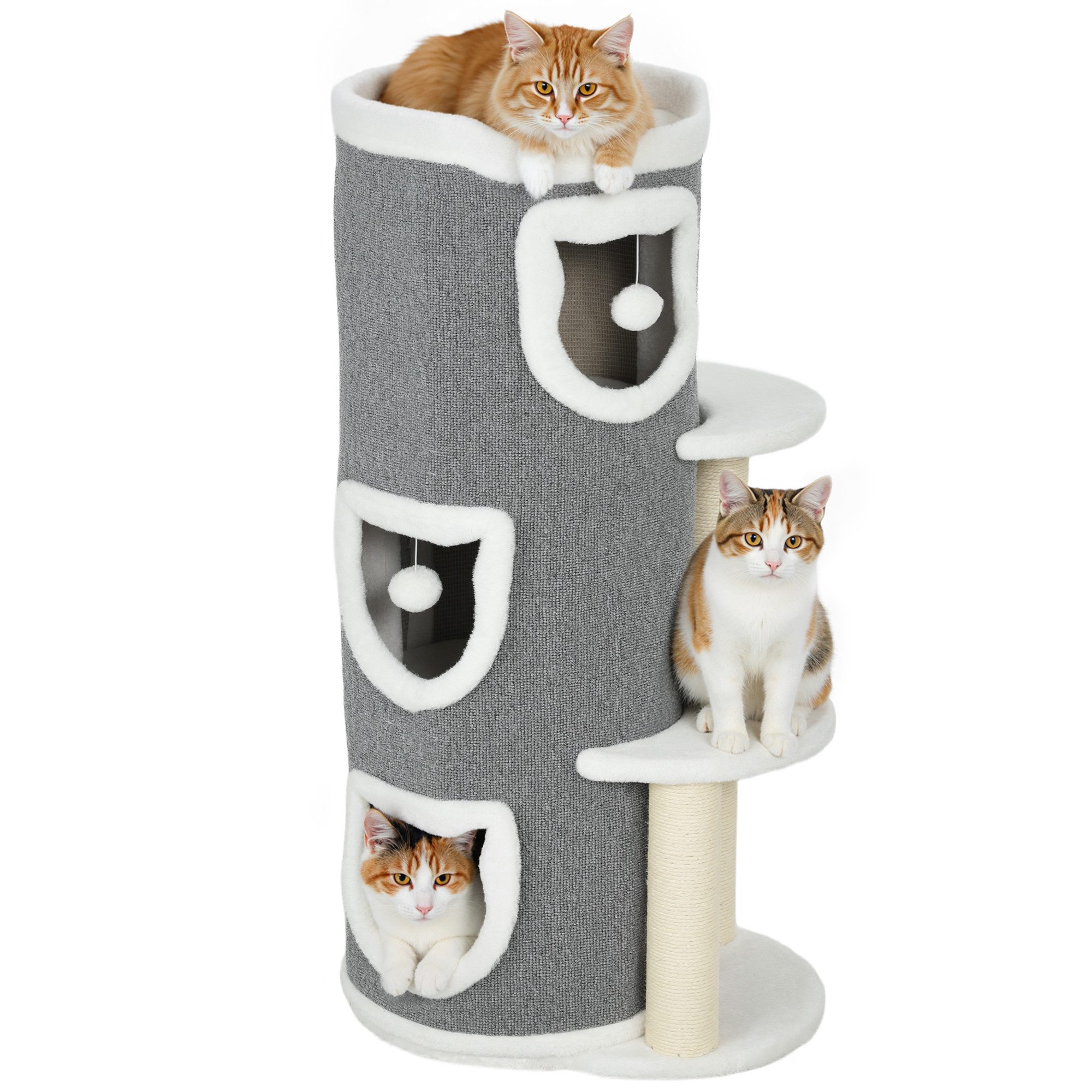 PawHut Kratztonne mit Höhle, Spielball, Plüschrand, Sisal-Kratzbäumen, oberem Bett, (mehrstöckig Kratzbaum, 1-tlg., 101 cm hoch Katzentonne), für Katze bis 6 kg, Grau
