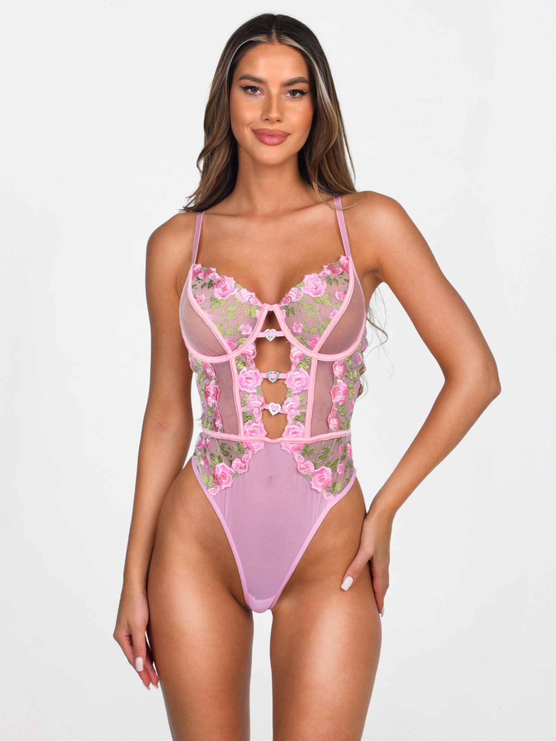 Elegant Love Stringbody Bodysuit aus Blumenstickerei Spitze - Sexy mesh Dessous Transparentes Lingerie mit zarten Blumenmustern