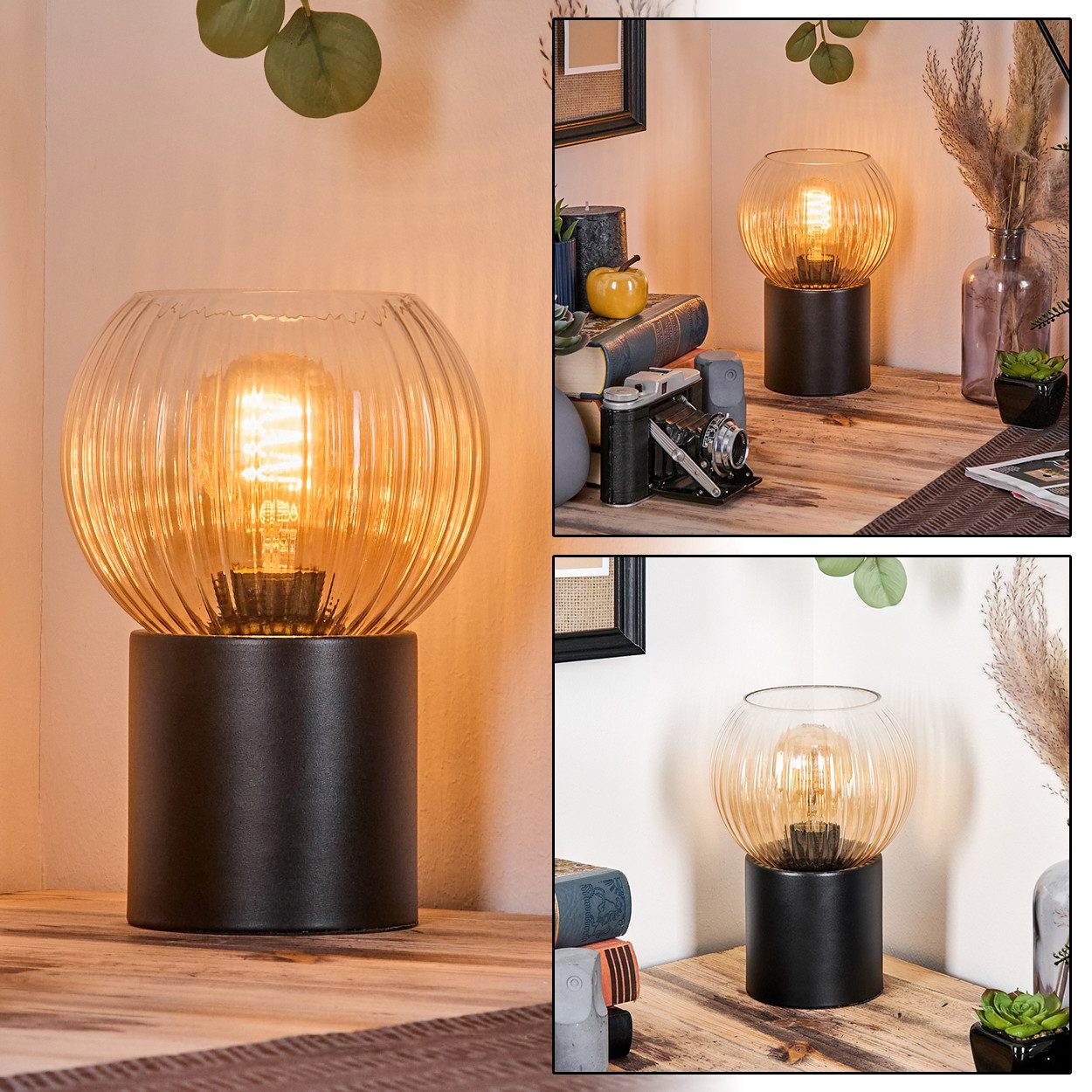 hofstein Tischleuchte Tischlampe aus Metall/Riffelglas in Schwarz/Bernsteinfarben/Klar, ohne Leuchtmittel, Leuchte im Retro/Vintage-Design mit Glasschirm (15 cm), 1 x E14