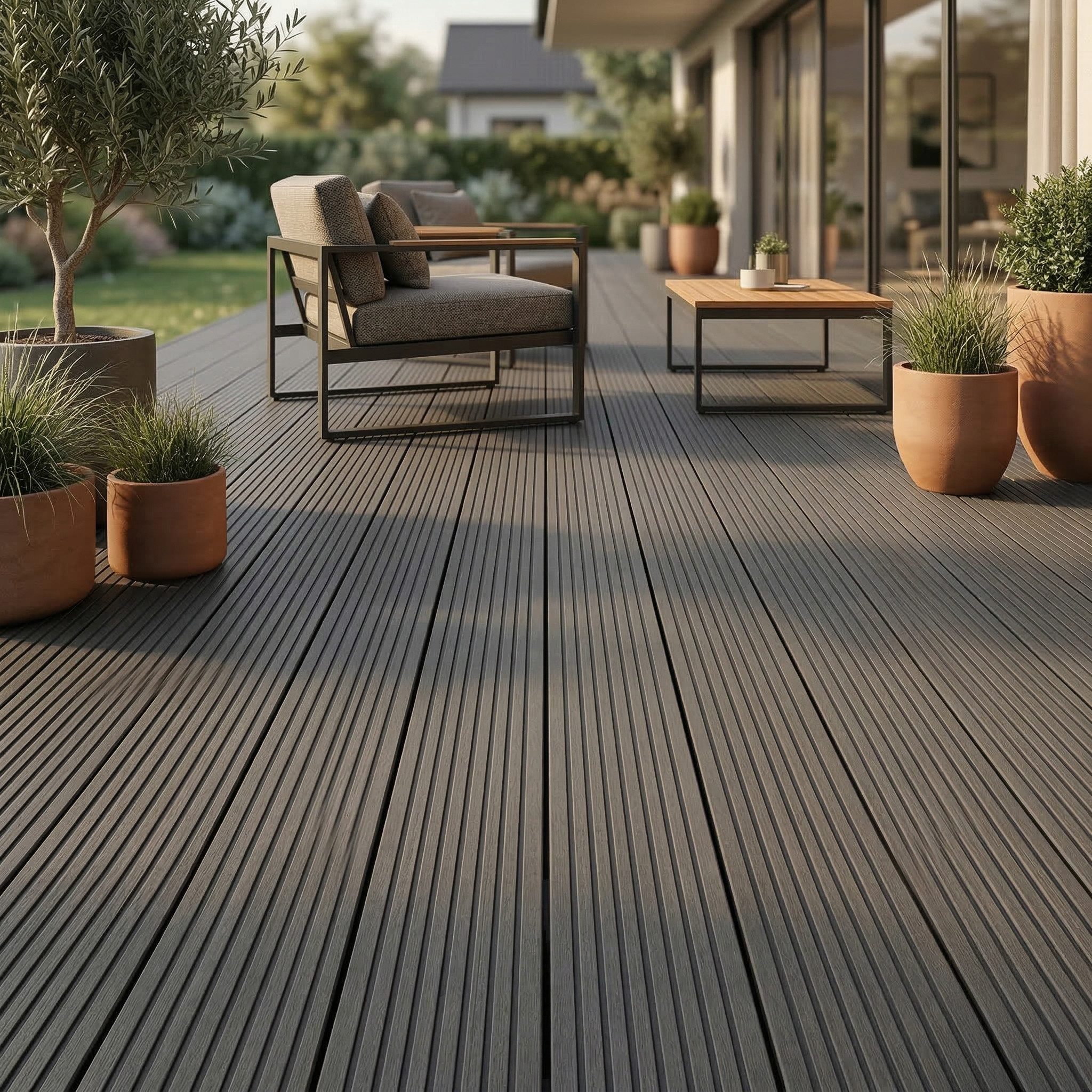 Woodstore24 Terrassendielen WPC Terrassenboden Komplettset mit Clipsystem, 20 mm Stärke, (Hohlkammer Diele geriffelt 240 cm Länge 145 mm Breite, Terrassenboden in Anthrazit Grau Braun für Balkon & Garten Outdoor), WPC Terrassendielen Komplettset mit Clipsystem