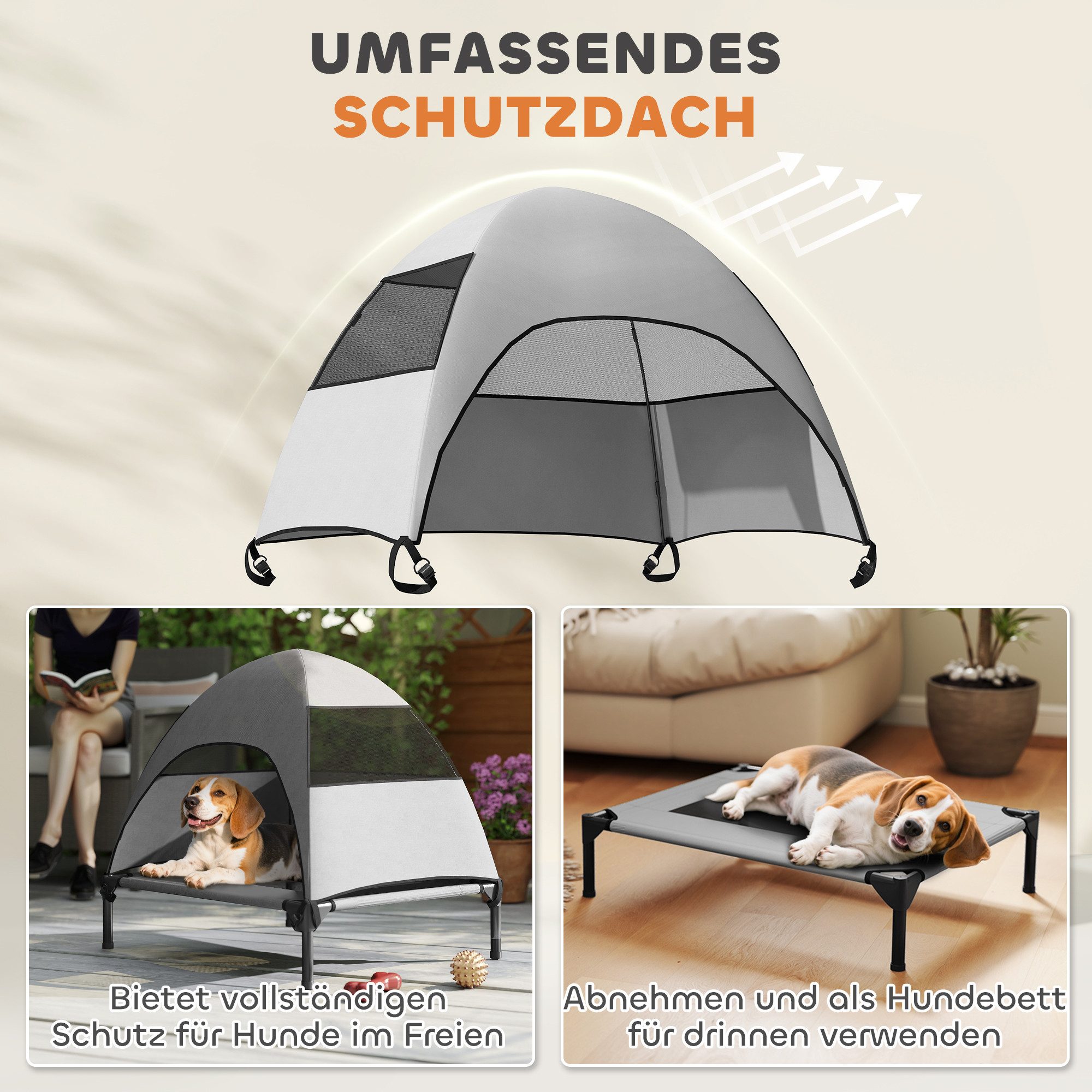 PawHut Tierbett Hundeliege Outdoor mit Dach, Erhöhtes Hundebett, Polyester, für Mittelgroße Hunde, für Draußen Camping, 76x61x71cm, Hellgrau – Bild 4 von 5