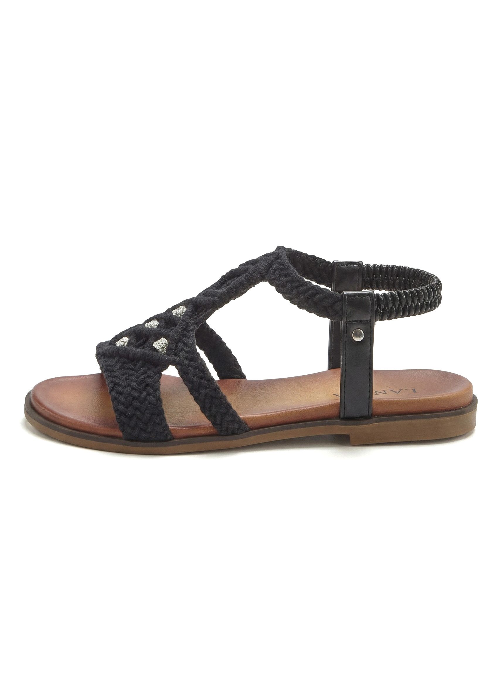 LASCANA Sommerschuh, offener Schuh, Pantolette, Sandale in trendiger Häkeloptik, Glitzerdetails und elastischen Riemchen