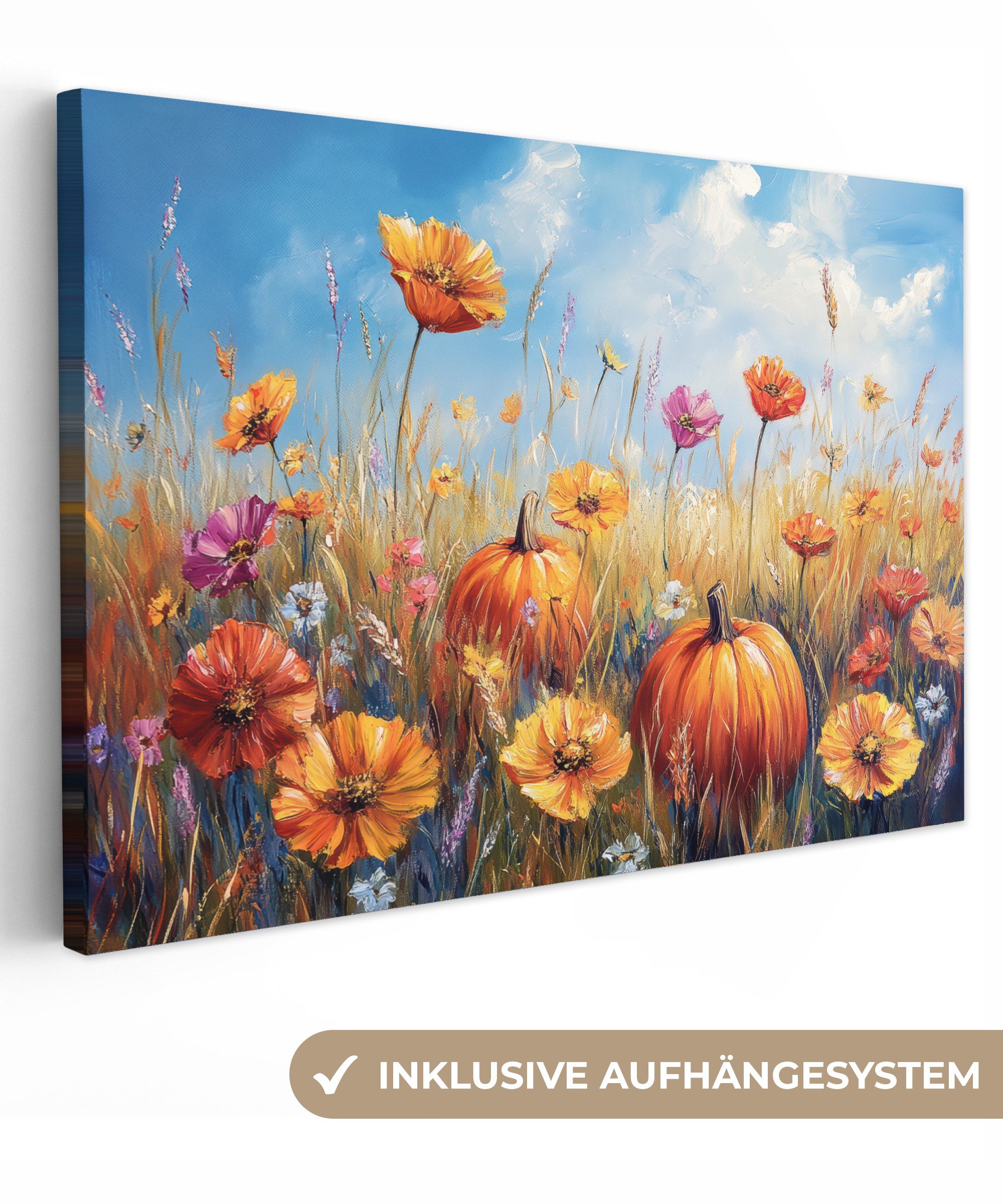 OneMillionCanvasses® Leinwandbild Blumen - Herbst - Kürbis - Natur - Landschaft, Fotodruck (1 St), Leinwand Bilder Klein, Wand Dekoration Aesthetic 30x20 cm