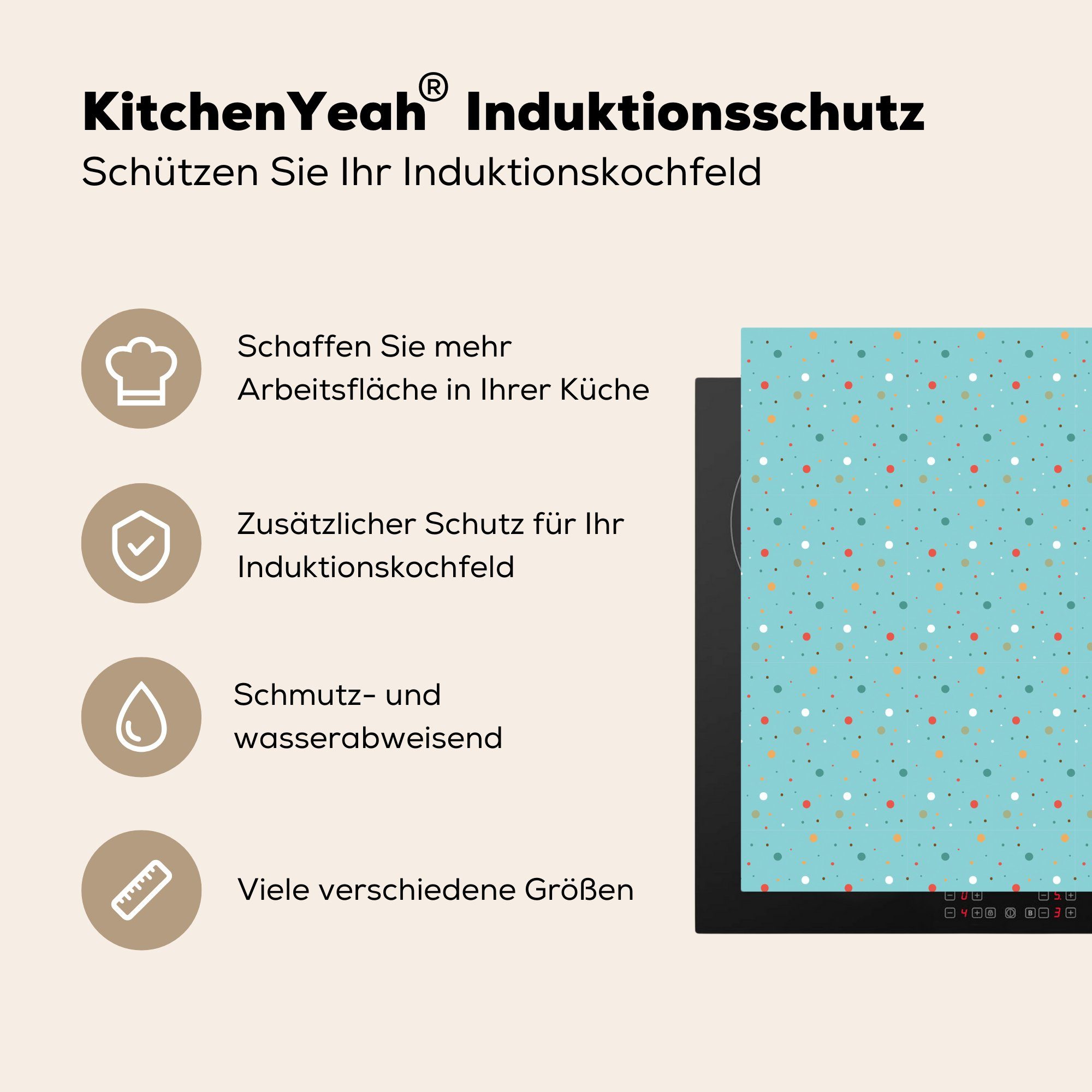 Vinyl, für - tlg), 78x78 Arbeitsplatte küche cm, Muster, Blau dots - Herdblende-/Abdeckplatte Polka Ceranfeldabdeckung, (1 MuchoWow