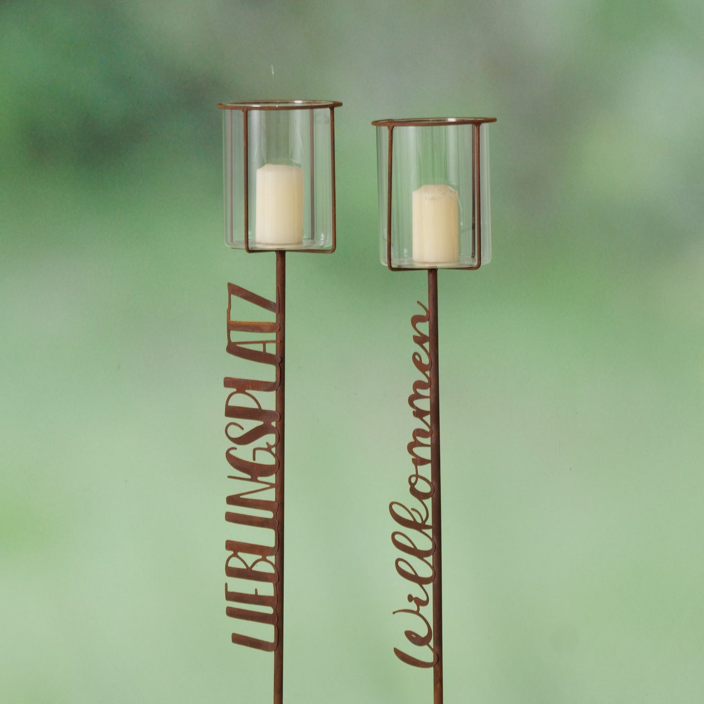 BOLTZE Gartenstecker Gartenstab aus Metall mit Teelichthalter "Lieblingsplatz/Willkommen" 1