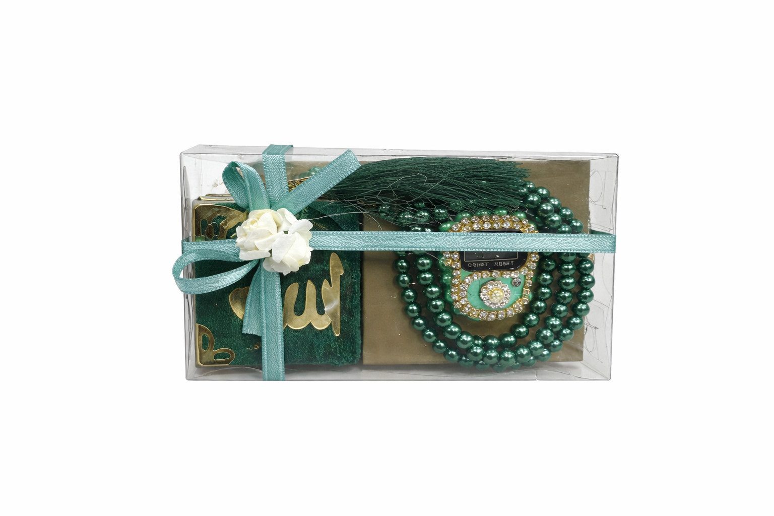 Aymasal Perlenketten-Set Islamische Geschenke 3tlg. 99 Perlenkette & Fingerzähler & Mini Koran, Dhikr Zähler mit Strasssteinen, schöne Geschenkverpackung
