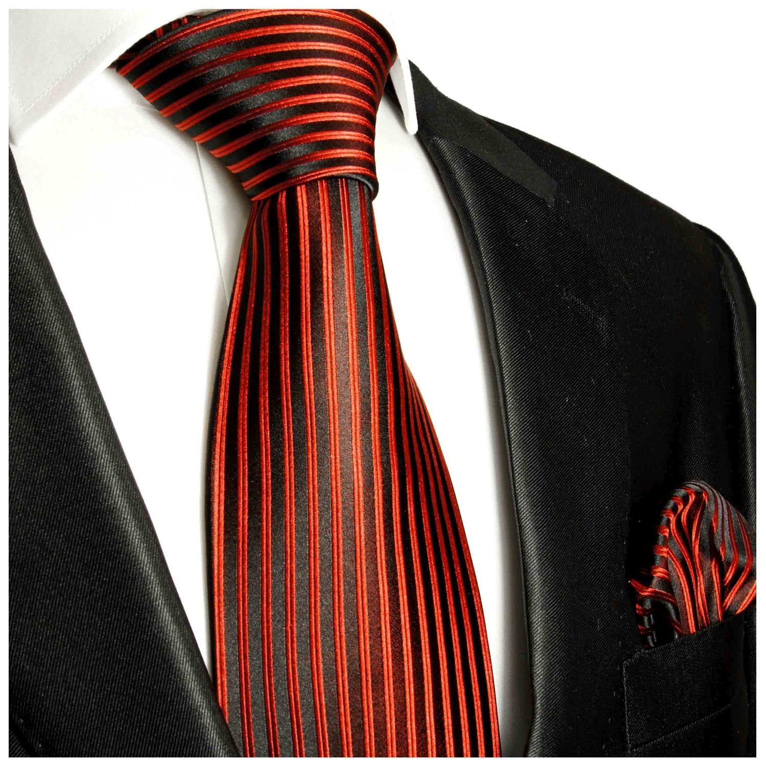 Paul Malone Krawatte Herren Seidenkrawatte mit Tuch modern gestreift 100% Seide (Set, 2-St., Krawatte mit Einstecktuch) Schmal (6cm), rot schwarz 632