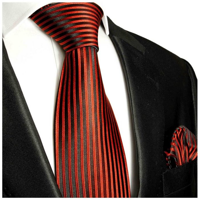 Paul Malone Krawatte Herren Seidenkrawatte mit Tuch modern gestreift 100% Seide (Set 2-St. Krawatte mit Einstecktuch) Schmal (6cm) rot schwarz 632