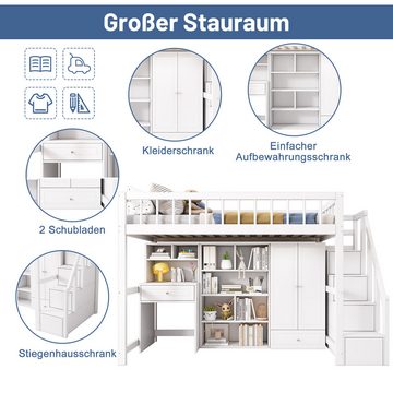 REDOM Kinderbett Kinderbett (ohne Matratze, 90*200), Mit Schreibtisch, Treppe, Schließfächern, Kleiderschrank, massivholz