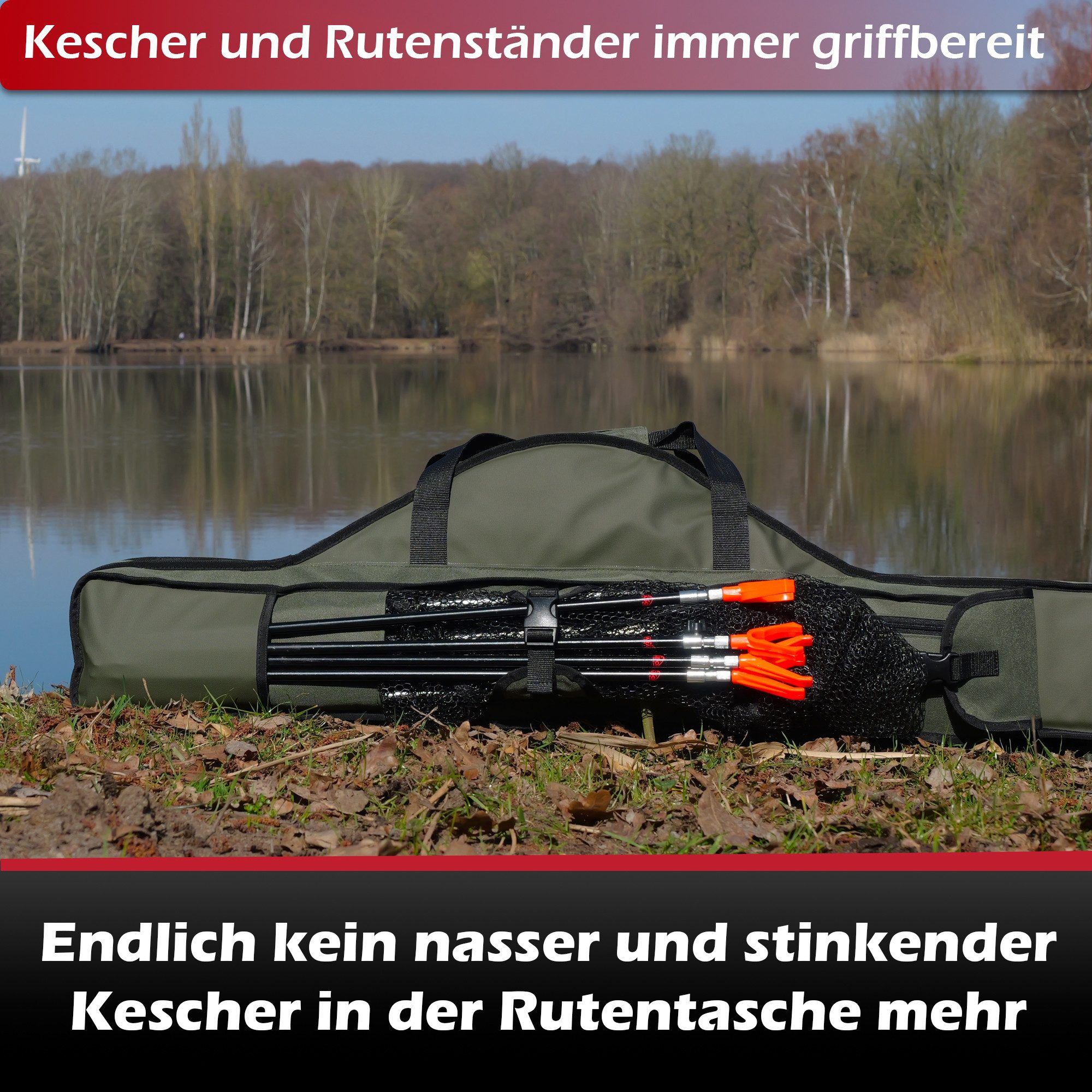 Paradox Fishing Angelrutentasche (2/3/4 Fächer 150/160/190cm Grün), Kescherhalterung an der Seite