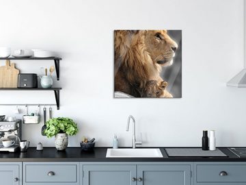 Pixxprint Glasbild Löwe mit Löwenbaby, Löwe mit Löwenbaby (1 St), Glasbild aus Echtglas, inkl. Aufhängungen und Abstandshalter