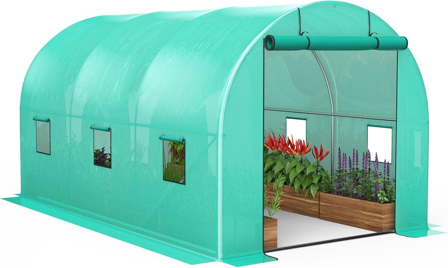 GarveeMore Gewächshaus mit Stahlfundament und Folienabdeckung,Gartentunnel mit Tür Fenstern, mit Rahmen aus verzinktem Stahl, Erdanker Gitternetzfolie,Grün  | Rabatt: 15%