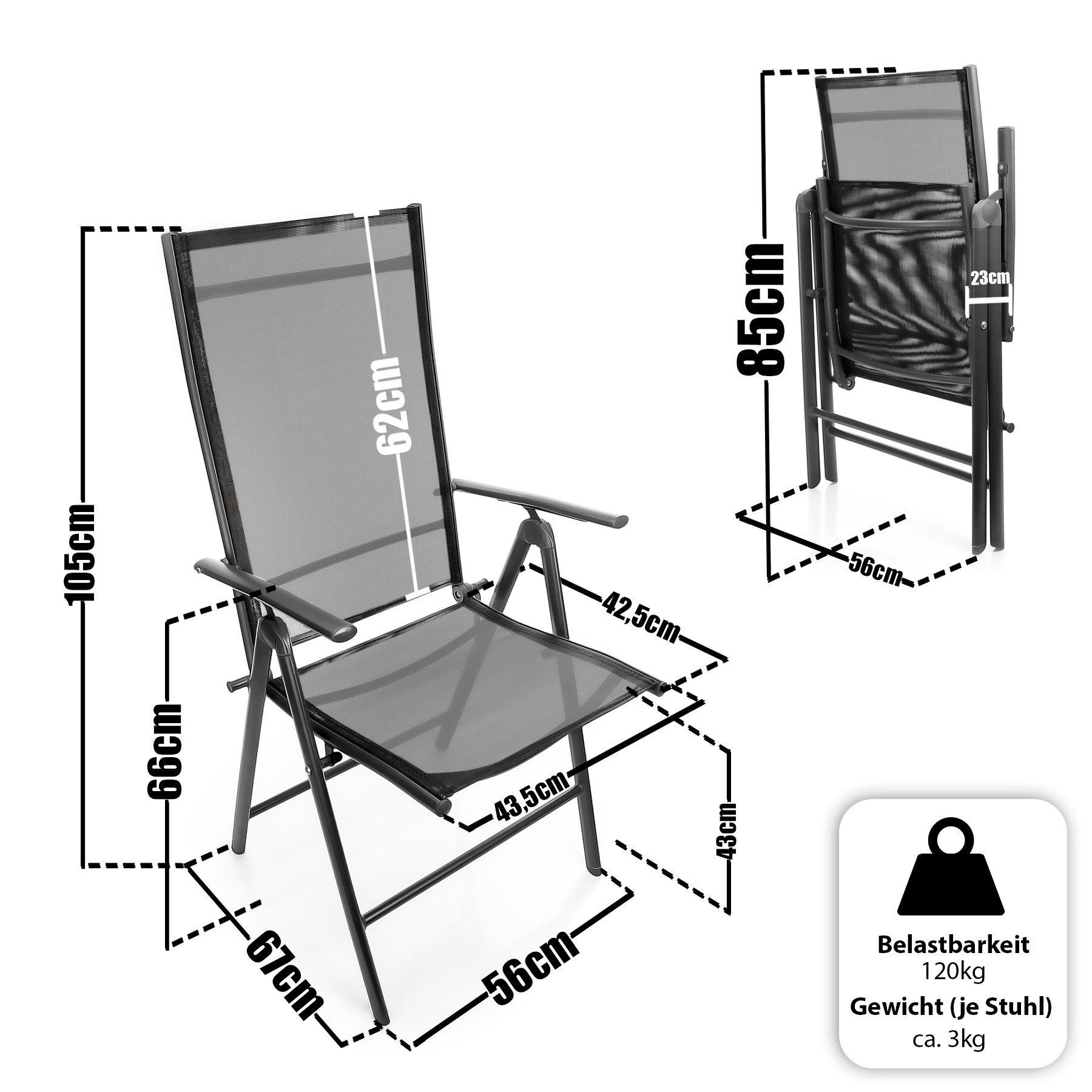 BigDean Gartenstuhl 2 Stück Balkonstühle dunkelgrau 120 kg belastbar 7-fach Verstellbar (Set, 2 St), Ergonomisches Design, Robustes Material, Atmungsaktives Gewebe