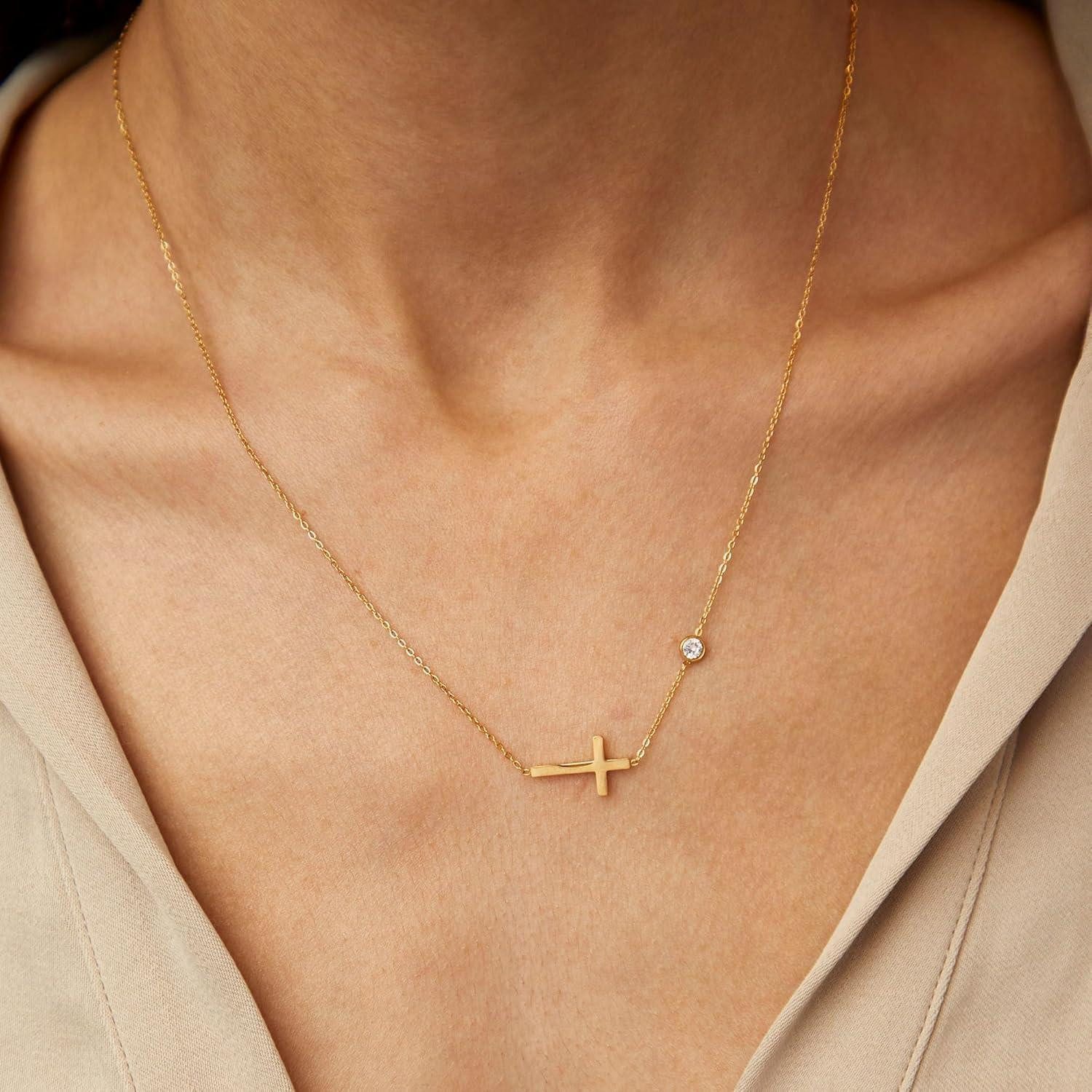 LuxusKollektion Kreuzkette Kreuz Kette Gold Damen 14K Vergoldet Layered Choker Halskette Kristall