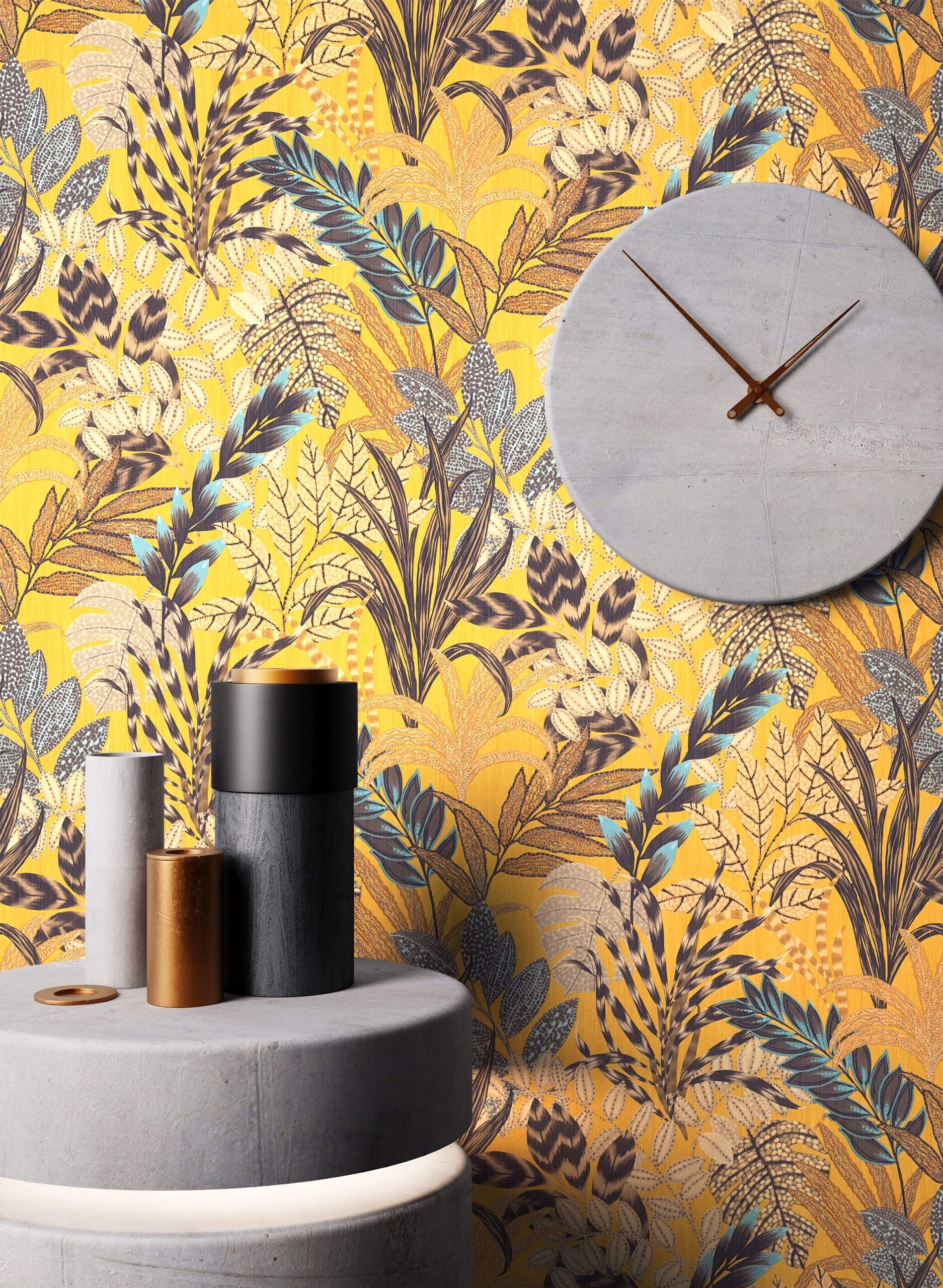 Newroom Vliestapete, Gelb Tapete Floral Dschungel günstig online kaufen