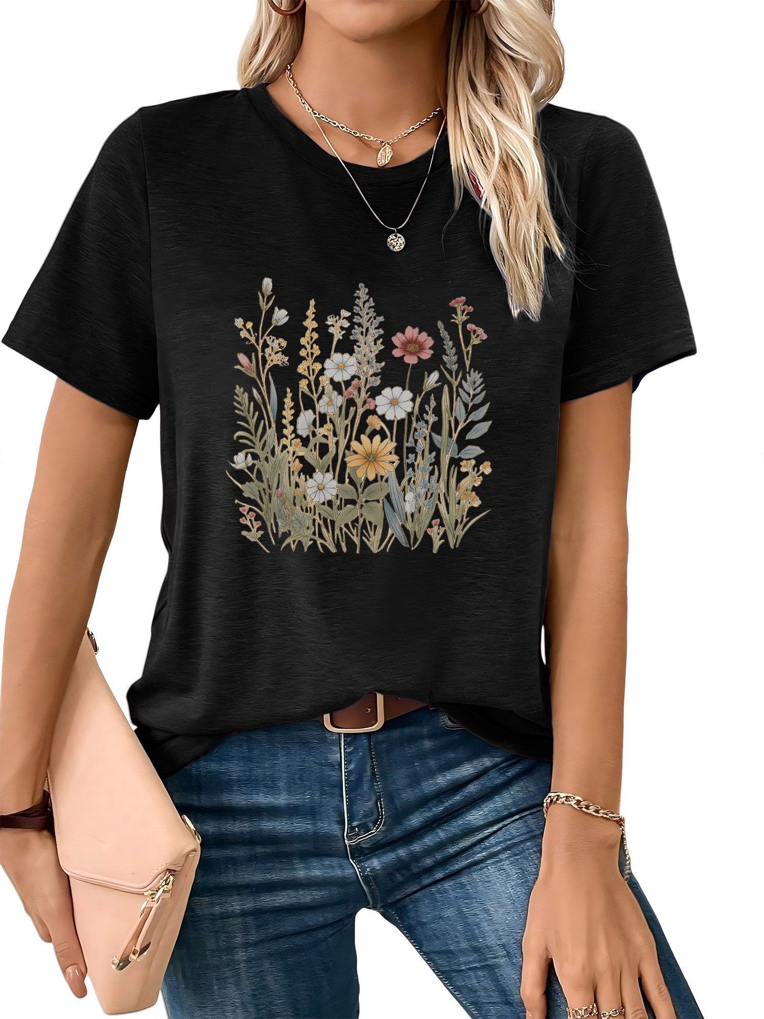 PYLIKE Rundhalsshirt Damen Casual bequemes t shirt mit Blumen Print-Shirt B günstig online kaufen