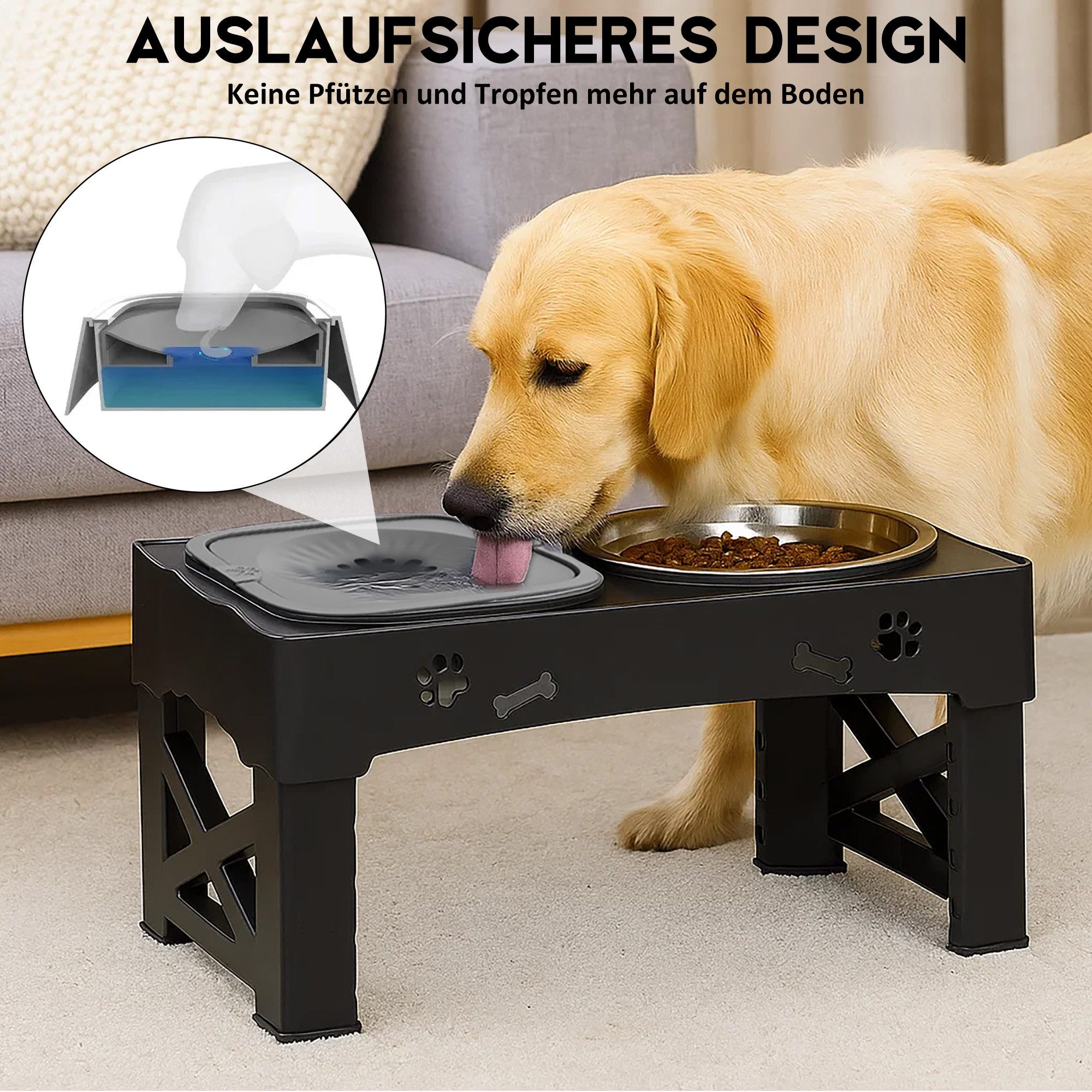 CALIYO Futternapf Adjustable Elevated Dog Bowls Raised Dog Bowl 5 Heights, Edelstahl, 2-in-1 Auslaufsicherer Wassernapf und Edelstahl-Futternapf