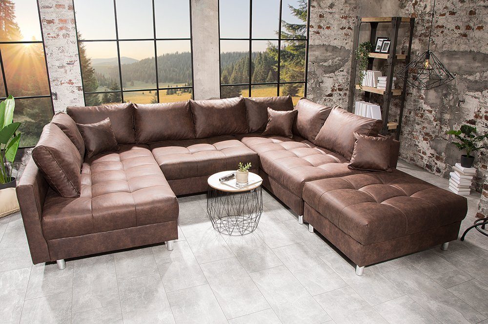 riess-ambiente Wohnlandschaft KENT 305cm Kissen · & U-Form · Set · Wohnzimmer 2 Federkern braun, Teile, · Hocker XXL Microfaser ·