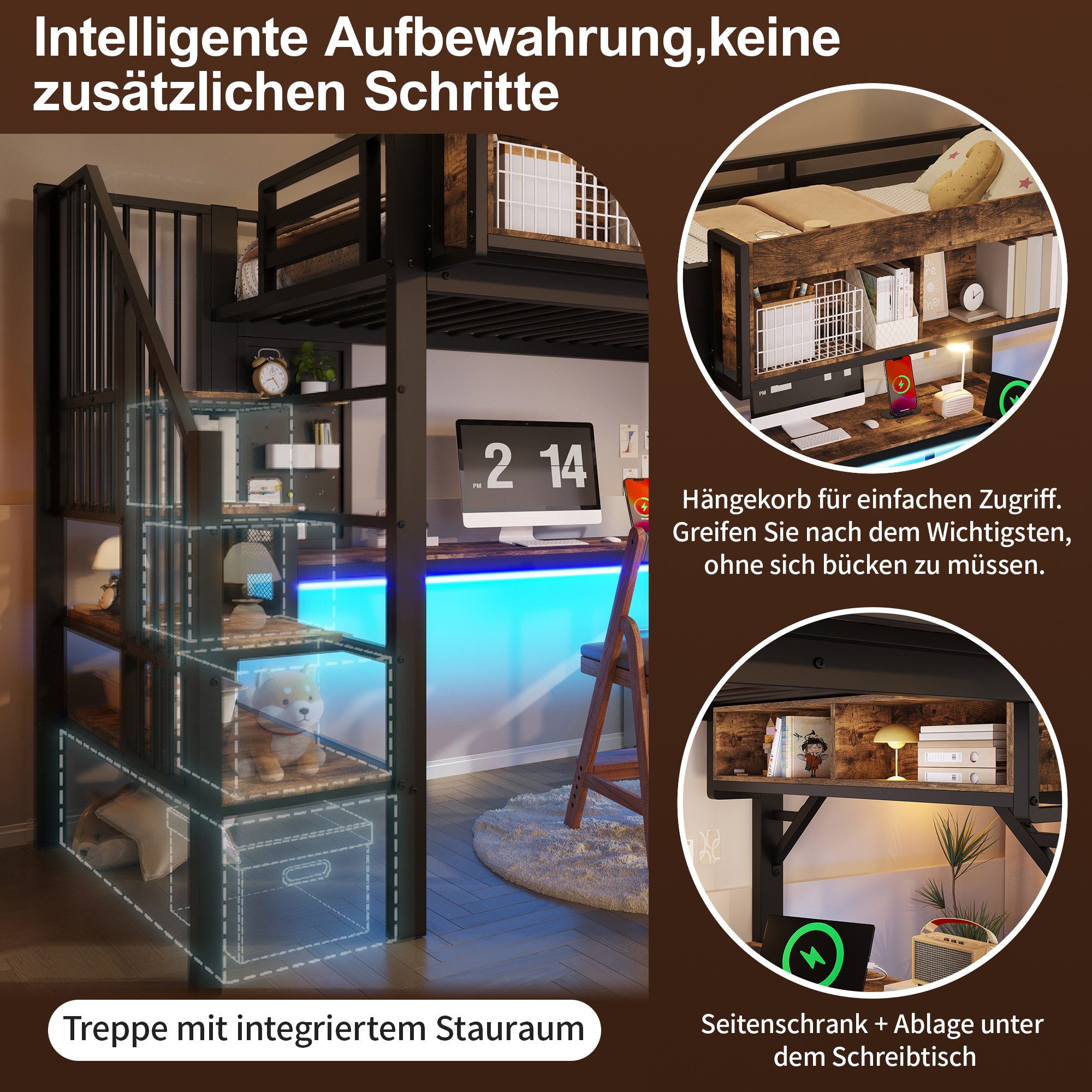 Flieks Hochbett Metall Kinderbett 90x200cm mit Eckschreibtisch, Aufladen & Lichtleiste – Bild 5 von 5
