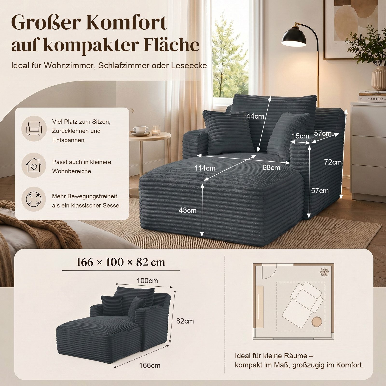 ANYSUN Sofa Cord-Schlafsofa mit 2 Kissen,Bequemes Einzelsitz-Bodensofa,Loungesofa, Relaxsessel Cord,Sessel,Loungesessel Cord,Lesesessel bequem, fur Wohnzimmer,  – Bild 4 von 5