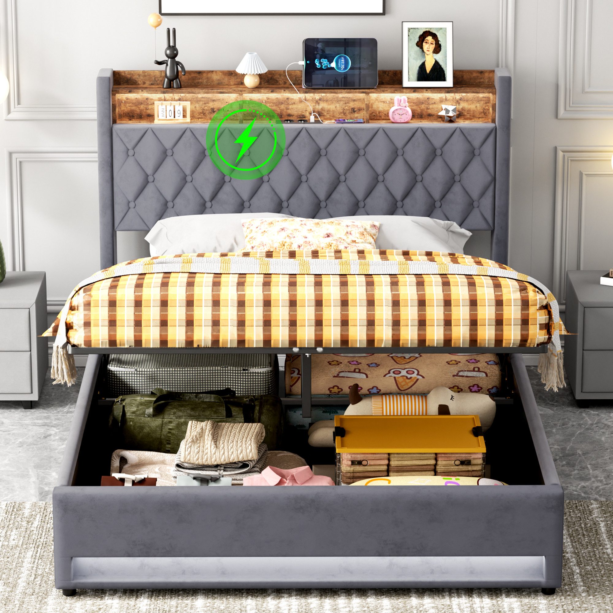 OKWISH Polsterbett Funktionsbett Stauraumbett (Luxuriöses Polsterbett günstig online kaufen
