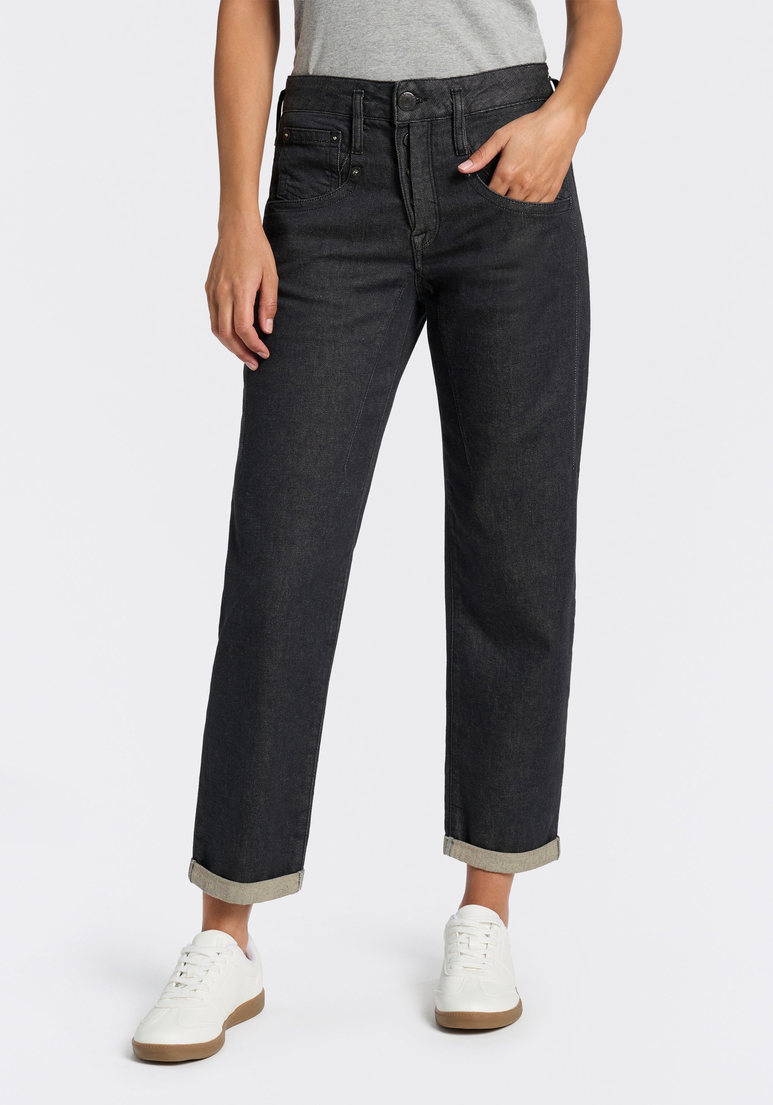 Herrlicher Boyfriend-Jeans Shyra Tap Denim Grey Light Stretch High Waist mit Umschlagsaum