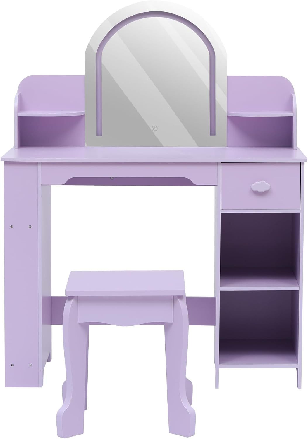 GarveeMore Schminktisch Kinder Set mit LED-Spiegel & Hocker,Holz Frisiertisch mit Schublade, Bücherregal&offenen Ablagen – 3 Lichtmodi Für Schlafzimmer&Spielzimmer