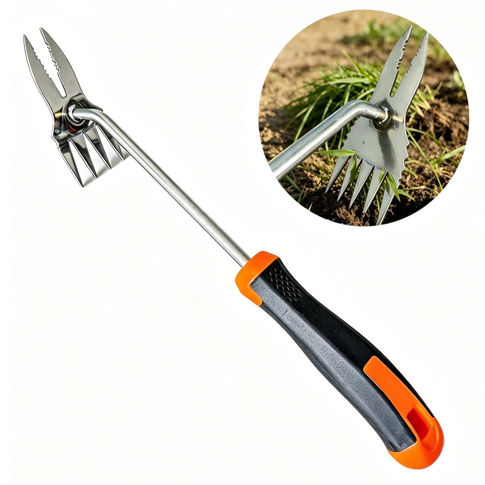 MOPUEA Unkrautstecher 2-in-1 Unkrautstecher Edelstahl mit Doppelkopf und Langgriff, (2-in-1 Unkrautstecher aus Edelstahl für Garten und Beet, Vierzack- und Zweizackspitze für flache und tiefe Wurzeln), 2-in-1 Kopf, Edelstahl, 37 cm lang, rutschfester Grif