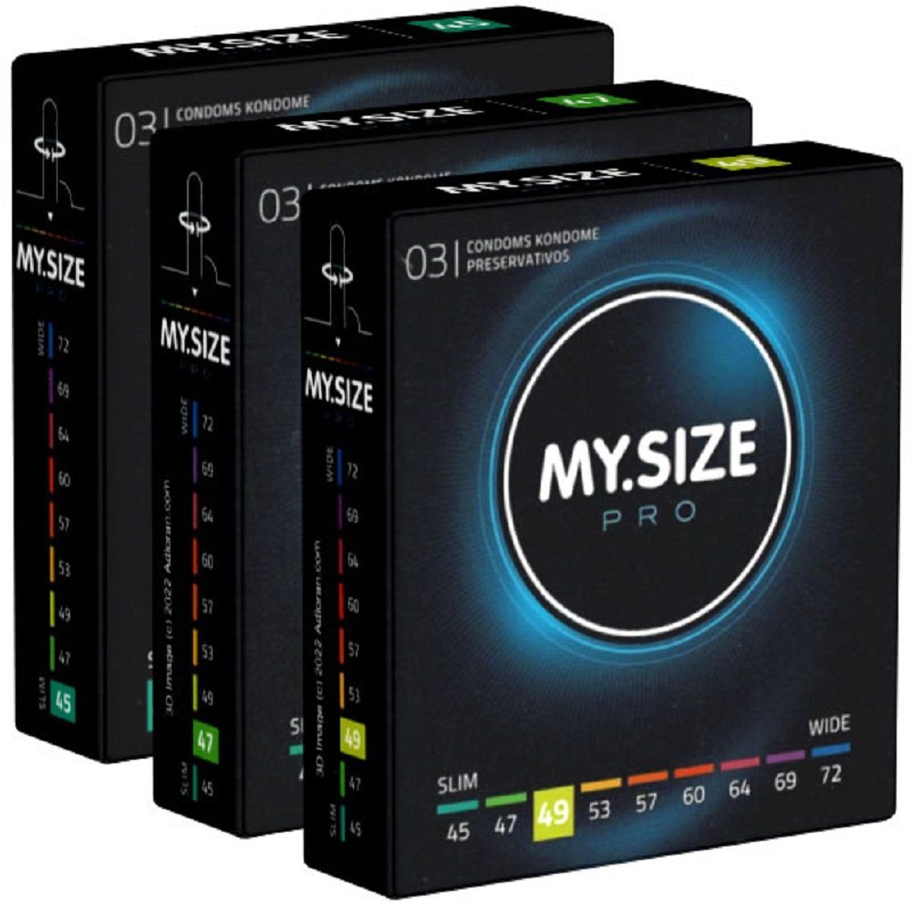 MY.SIZE Kondome PRO «Probierset XS» (45mm, 47mm, 49mm) 3 Packungen mit je 3 Maßkondomen, insgesamt, 9 St., Kondome zum Anprobieren und Austesten, die neue Generation MY.SIZE Kondome | Kondome