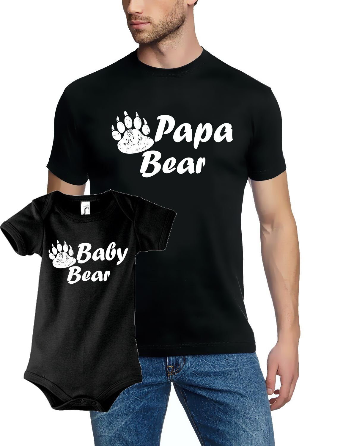 coole-fun-t-shirts Strampler Papa Bear + Baby Bear T-Shirt + Strampler - Neuling Set zur Geburt Schwarz