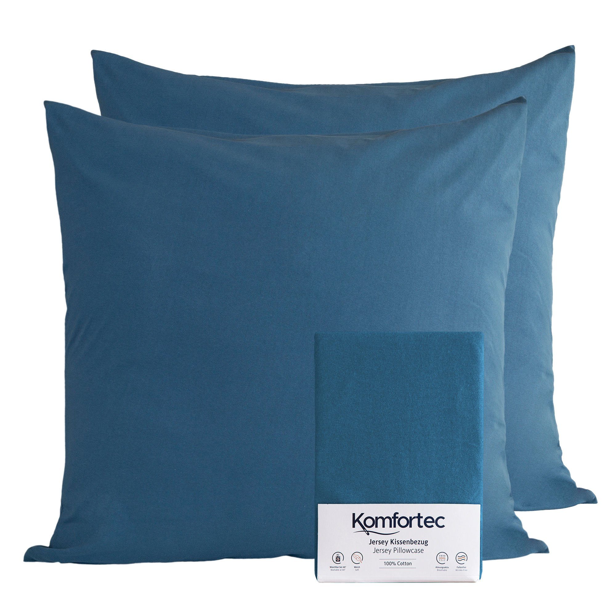 Kissenbezug 100% Baumwolle, 150 g/m², Komfortec (2 Stück), 40 x 40 cm, Superweicher Premium Jersey Kopfkissenbezug, Kissenhülle Tiefseeblau