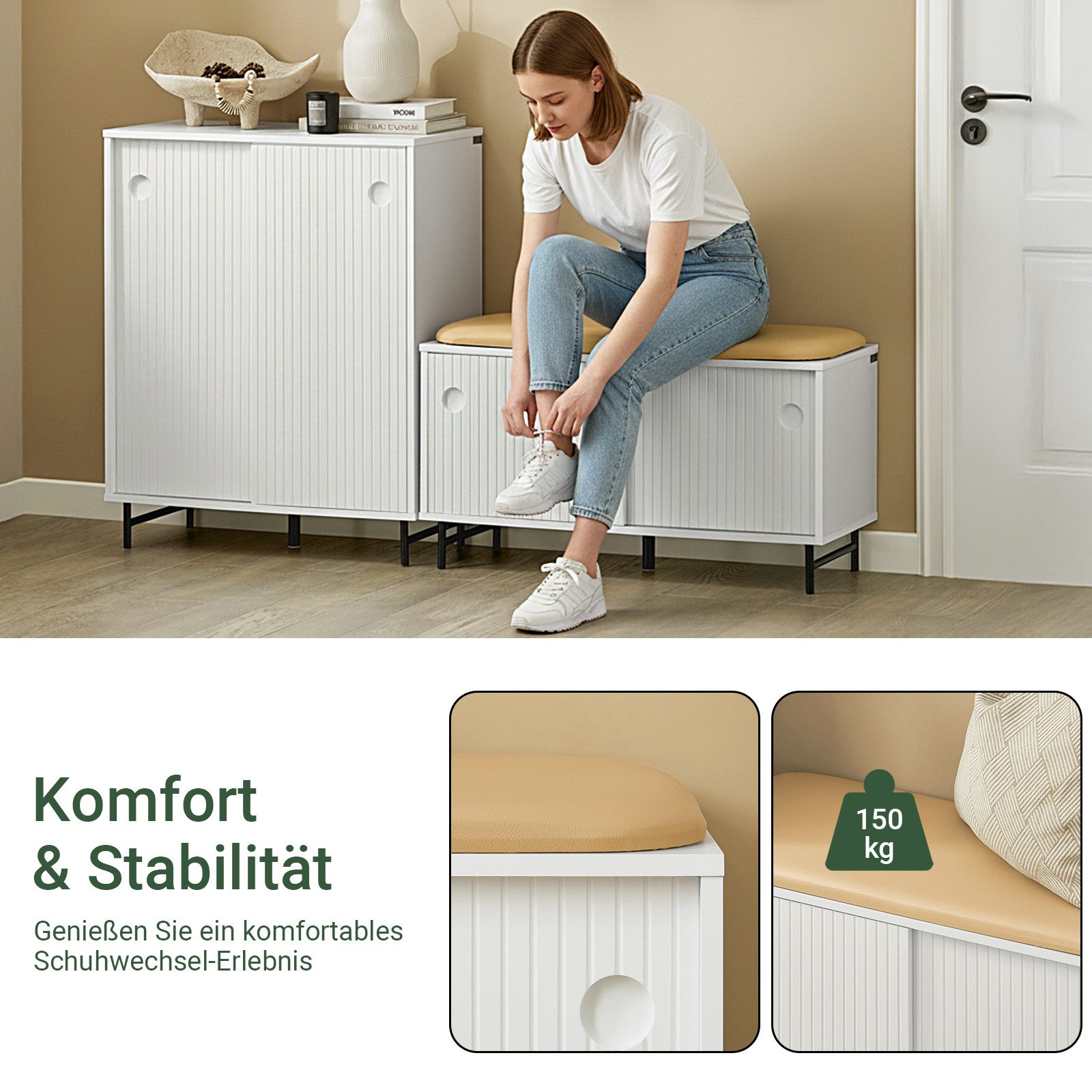 SoBuy Schuhbank FSR116, mit Sitzfläche und Schiebetüren Sitzbank mit Stauraum Dielenbank