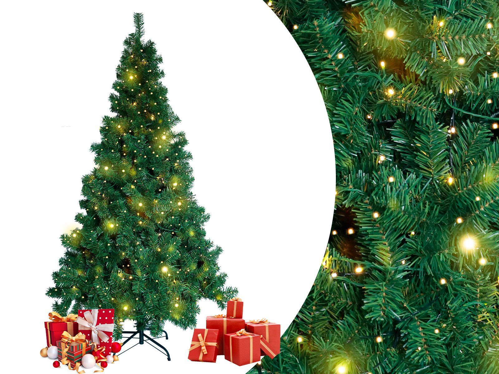 TAB Künstlicher Weihnachtsbaum Tannenbaum mit LED Beleuchtung 180cm/210cm, Christbaum, 180 cm mit 1080 PVC Spitzen, mit 300 Warm-Weißen LED Lichtern und Metallständer