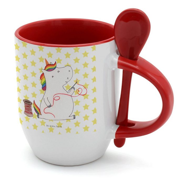 Mr. & Mrs. Panda Tasse Einhorn Näherin - Weiß - Geschenk Tasse mit Spruch Häkeln Einhörne Keramik