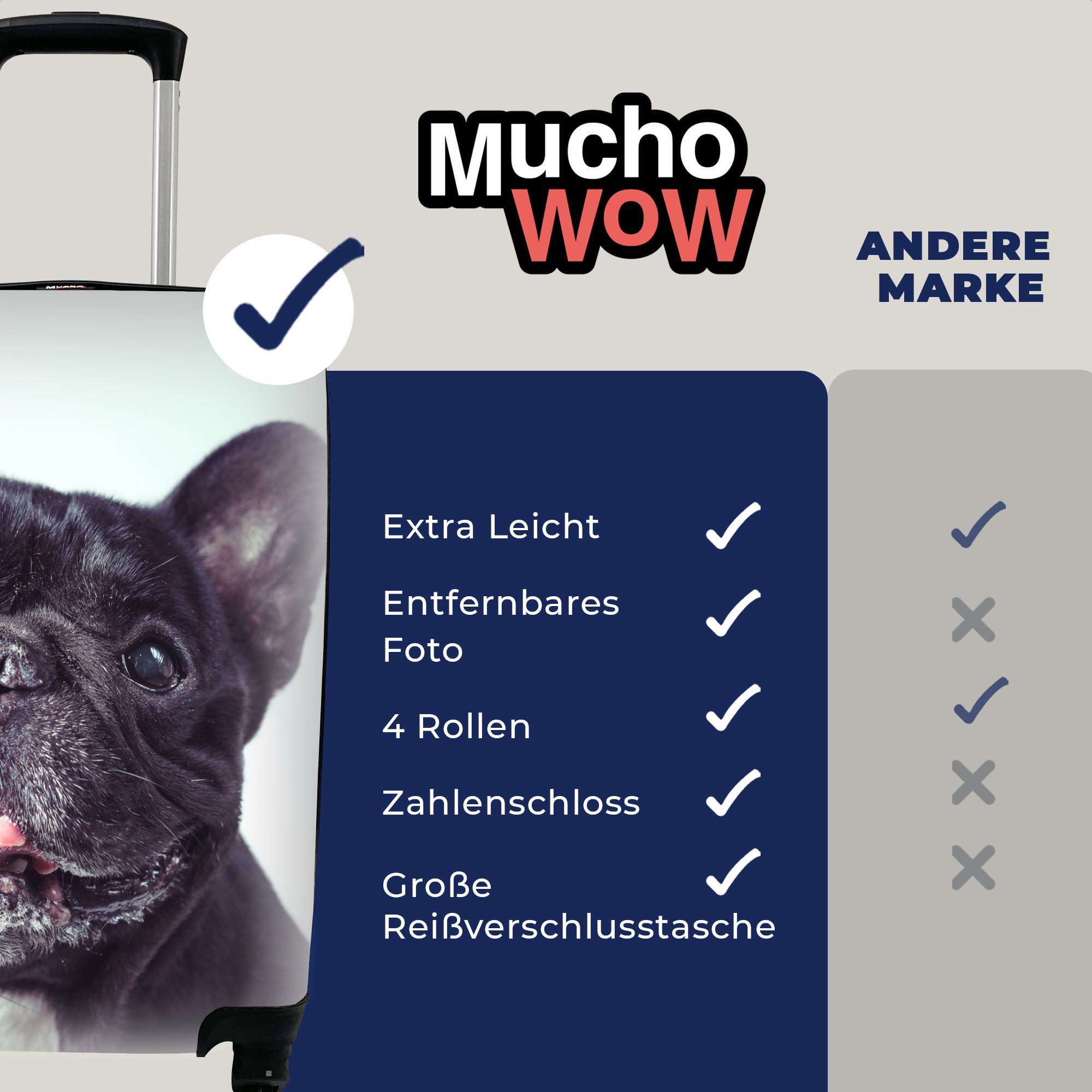 Rollen, Bulldogge Trolley, Französische - Handgepäckkoffer Reisekoffer Reisetasche 4 für Stuhl, - Handgepäck Ferien, mit rollen, Schwarz MuchoWow