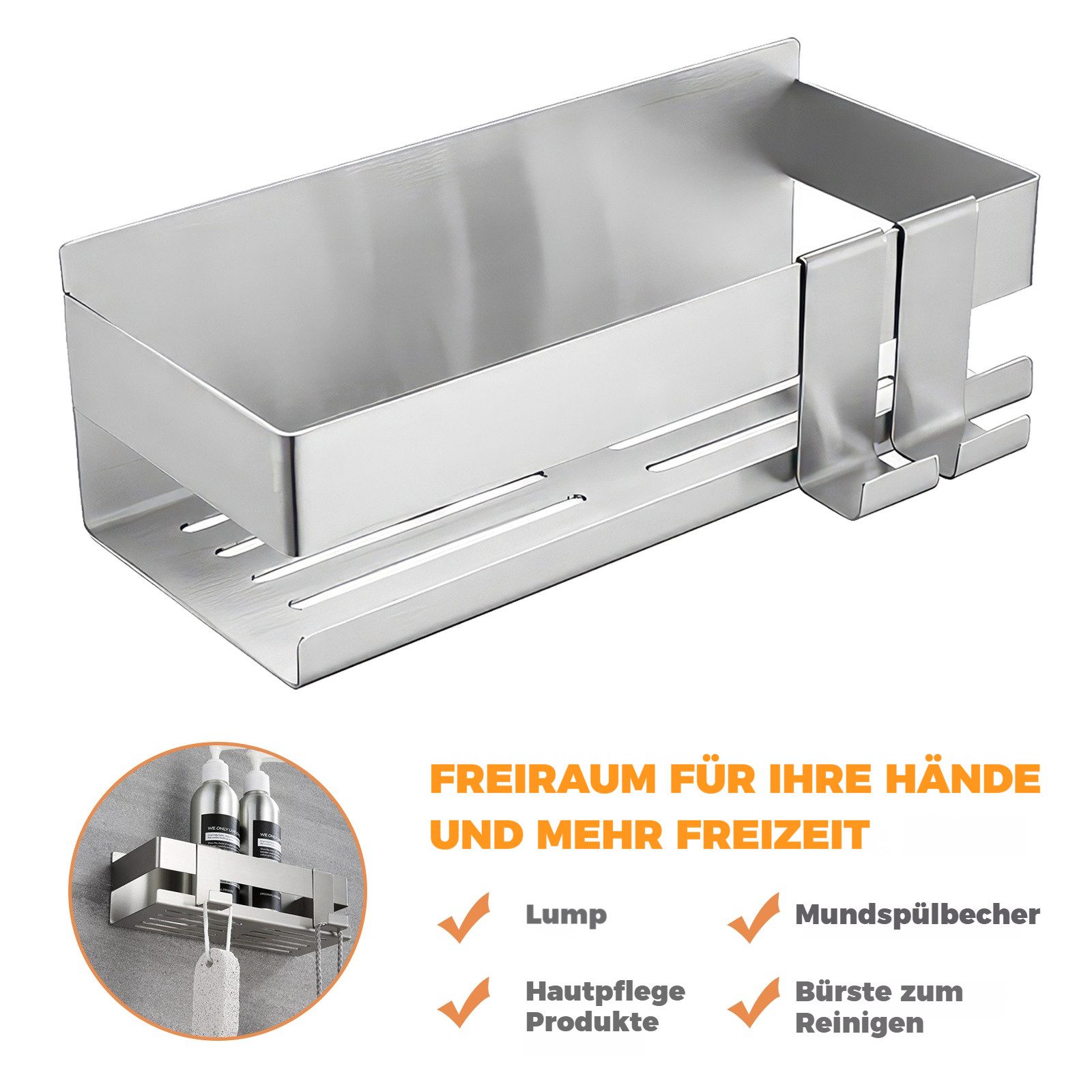 BlingBin Duschregal Edelstahl Wandmontage Duschablage mit 2 Haken Ohne Bohren, 1er Set, Selbstklebendes Badezimmer Duschregal für Badezimmer, Küche, Toilette