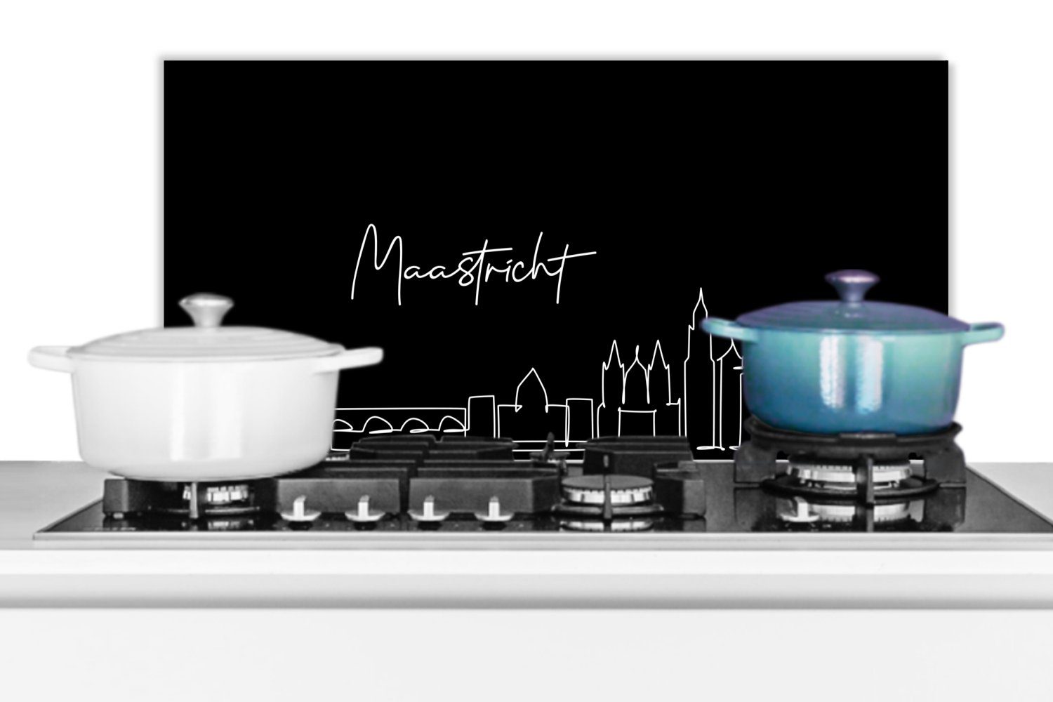 MuchoWow Küchenrückwand Skyline - Maastricht Küchen Fett Strichzeichnung Schmutzflecken - für (1-tlg), weiß, und und - cm, Stadt 60x30 Schwarz Wandschutz, gegen 