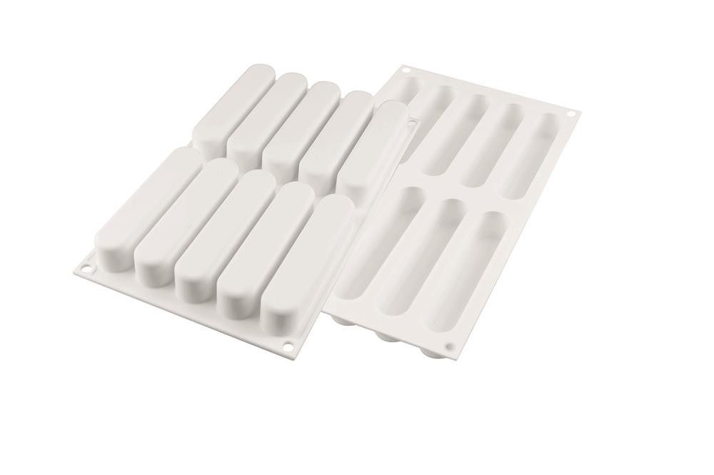 Silikomart Backform Silikon Dessertform für Éclairs inkl.Teigschneider + 8 Servierbretter
