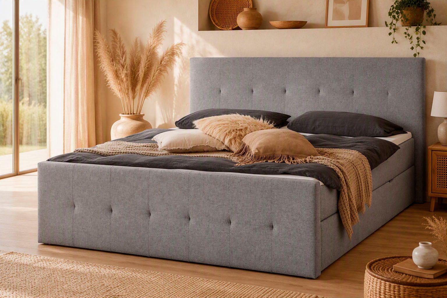 Home affaire Boxbett TESSAJA, Polsterbett mit Bettkasten, inkl. Taschenfederkernmatratze H3, mit Anti-Slip-Topper, Strukturstoff-Bezug, Liegefläche 180x200 cm