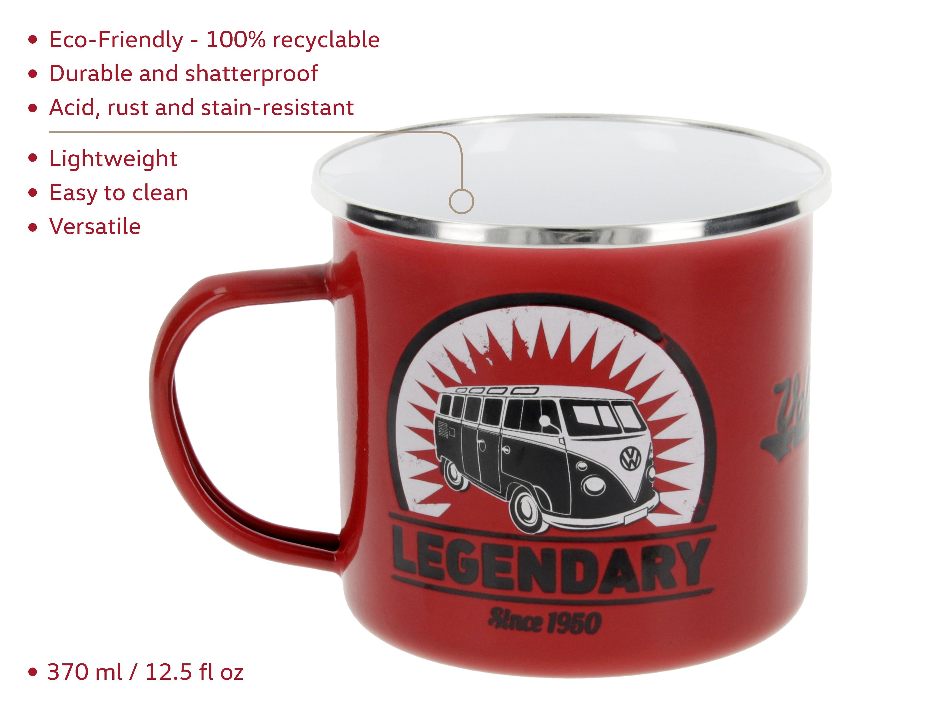 in & BRISA Große VW Camping Vintage T1 für Stahlblech, Designs by Logo/Rot Outdoor Tasse Volkswagen Farben Collection Bus verschiedenen Emaille Kaffee-Tee-Tasse-Becher-Haferl, und