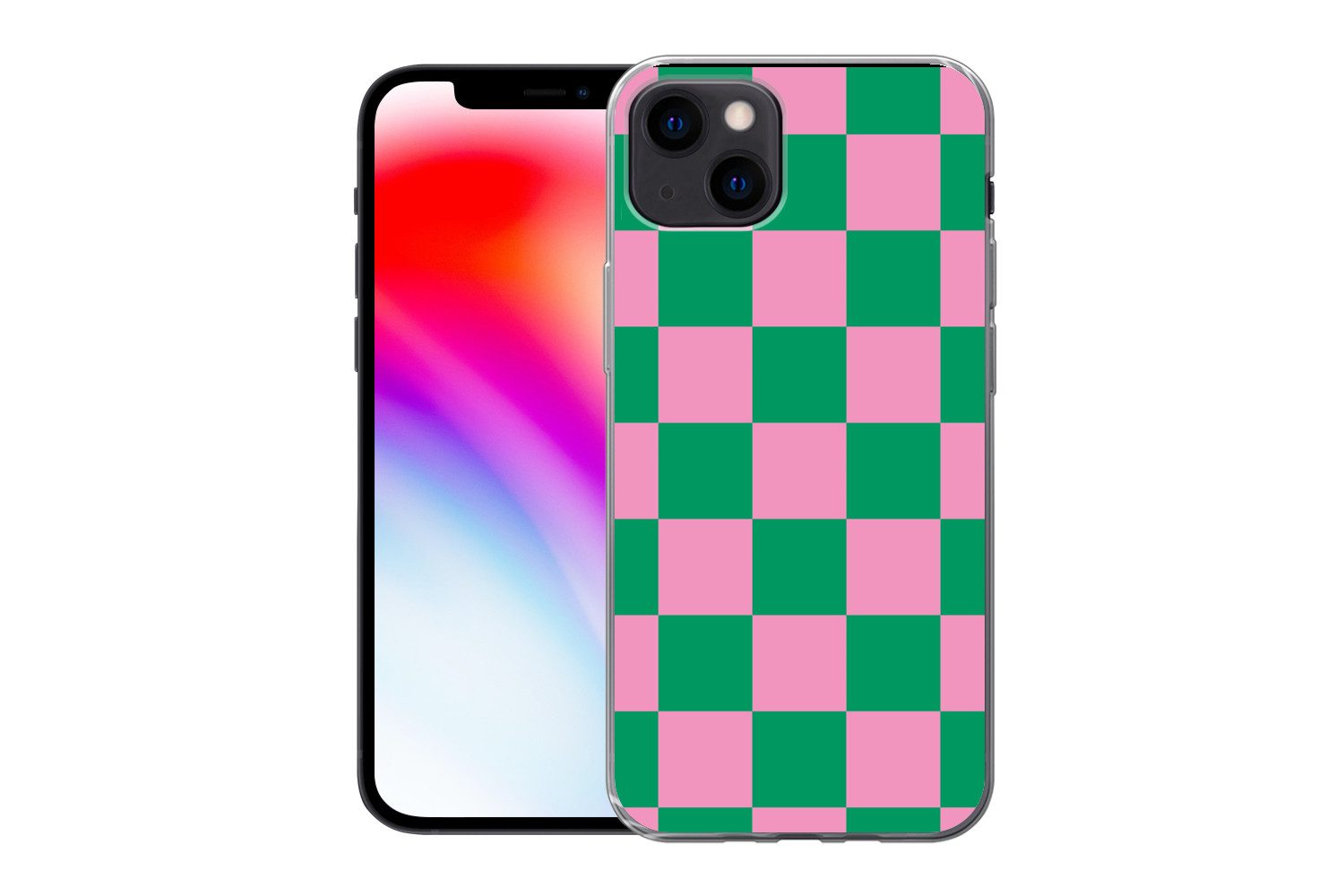 MuchoWow Handyhülle für Apple iPhone 13 Schachbrettmuster - Grün - Rosa - Würfel, Smartphone-Bumper, Print, Handy Schutzhülle Dünn