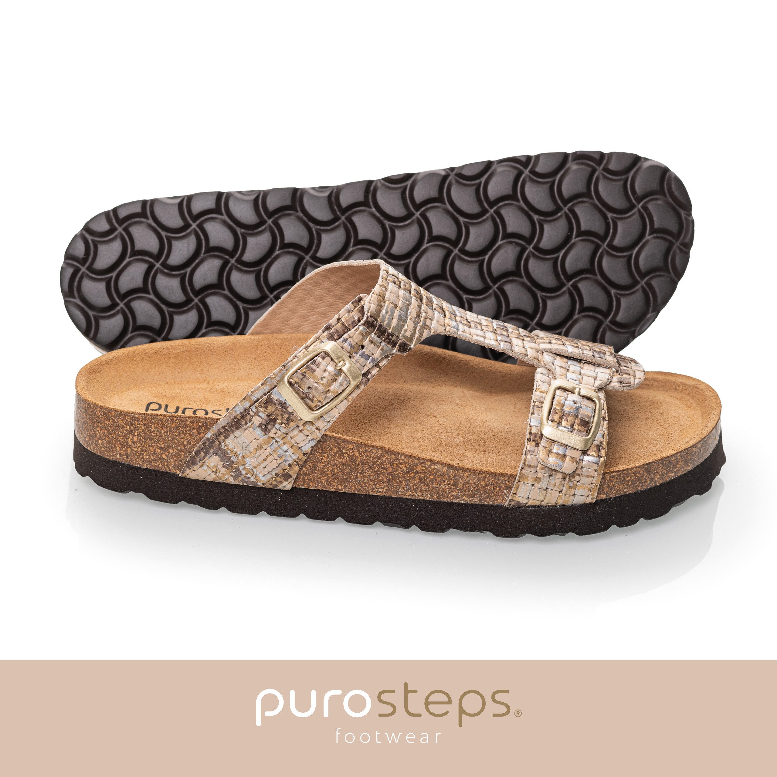 purosteps Merida-Eco 17952-metallic-braun Sandale Echtes Leder, Natur Materialien, Komfortables Fußbett, Made in Spain