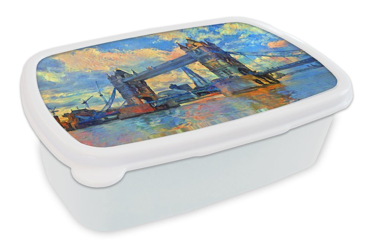 MuchoWow Lunchbox Gemälde - London - Brücke - Öl, Kunststoff, (2-tlg), Brotbox für Kinder und Erwachsene, Brotdose, für Jungs und Mädchen weiß
