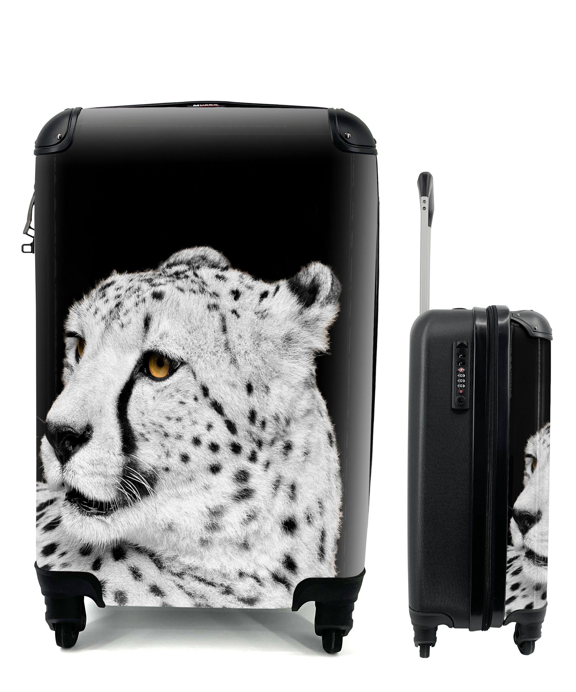 MuchoWow Handgepäckkoffer Leopard - Weiß - Schwarz, 4 Rollen, Reisetasche mit rollen, Handgepäck für Ferien, Trolley, Reisekoffer