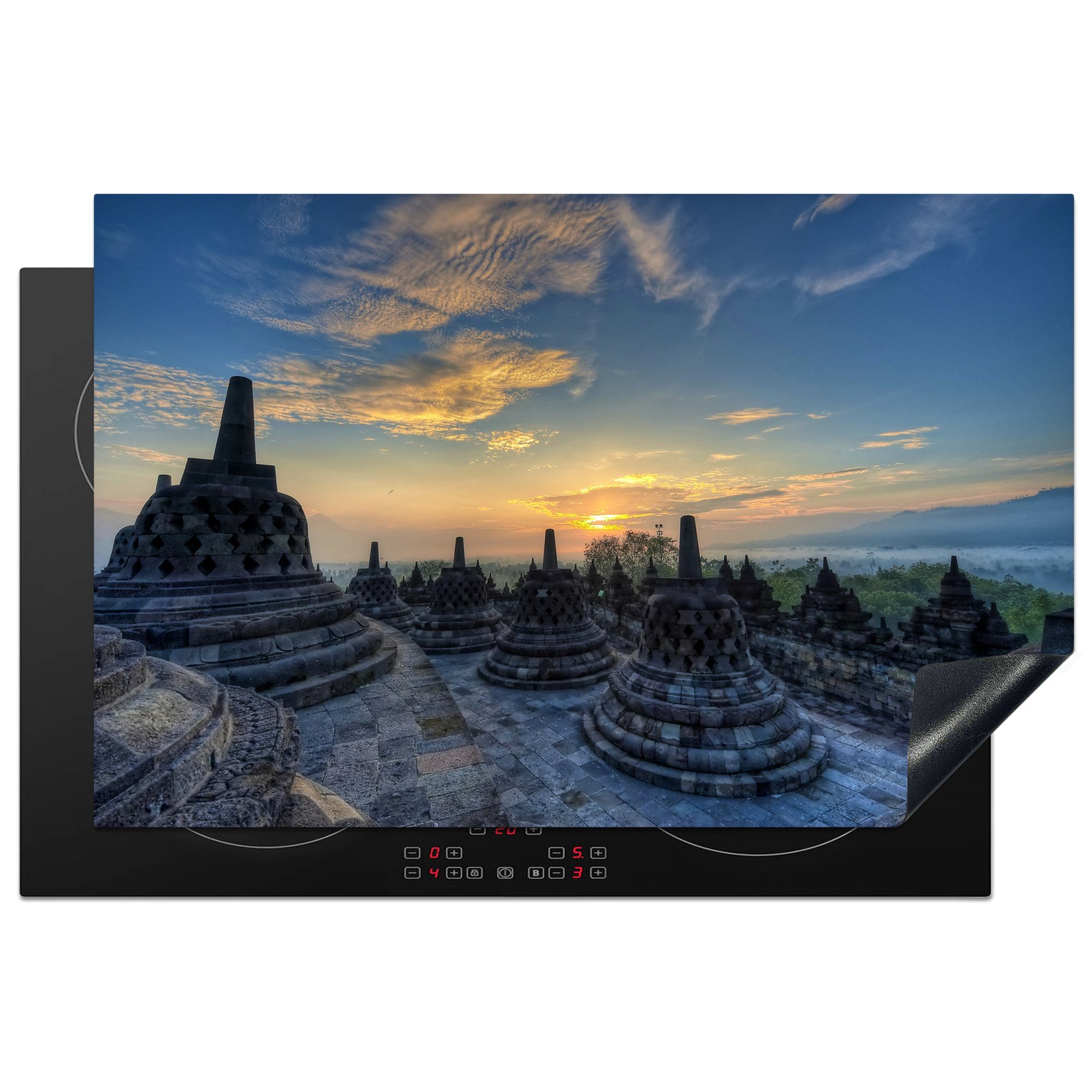 MuchoWow Herdblende-/Abdeckplatte Einzigartiger Himmel über dem Borobudur-Tempel in Indonesien, Vinyl, (1 tlg), 81x52 cm, Induktionskochfeld Schutz für die küche, Ceranfeldabdeckung