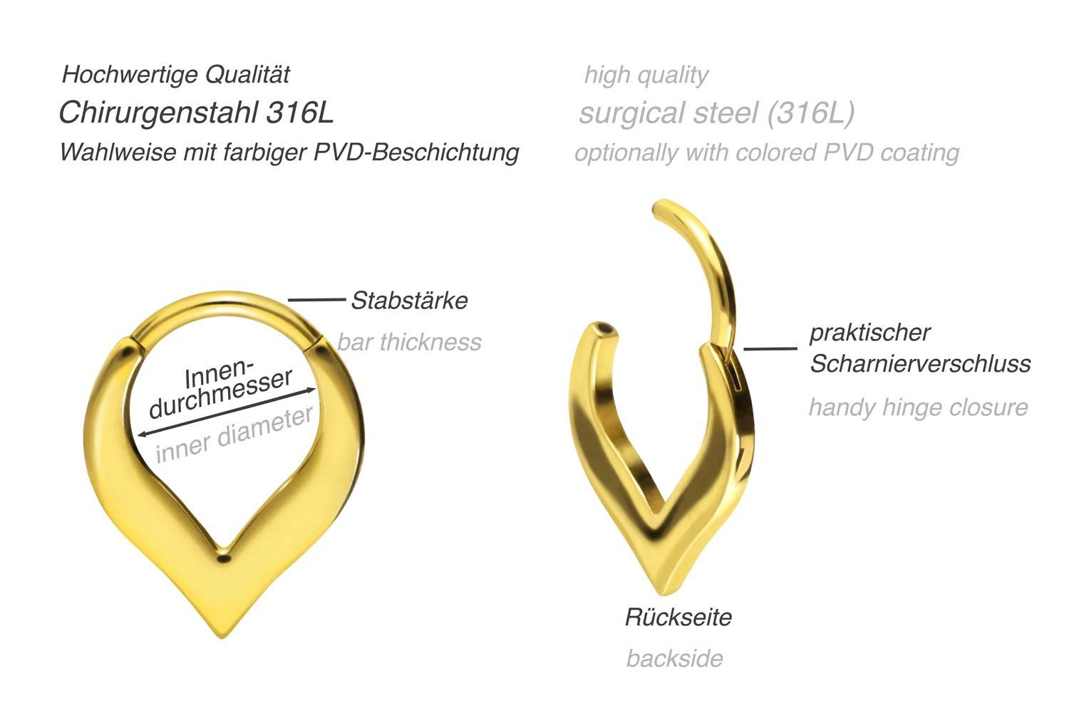 PIERCINGLINE Nasenpiercing Chirurgenstahl Segmentring Clicker SPITZ Ohrpiercing Septum Nase (Clicker, 1-tlg), Ohrpiercing für Conch, Helix, Tragus, Daith, Lobe